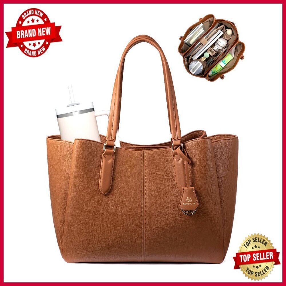 15.6 Inch Laptop Tote Bag Triple Compartments Faux Leather Work Briefcase